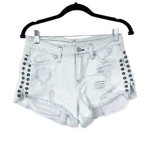 Rewash Woman's Sz 3/26 Light‎ Wash Mid Rise Embroidered Distressed Denim Shorts